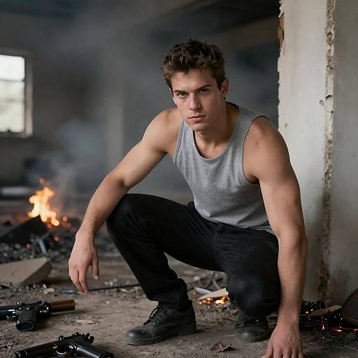 Intense Crouching Man Amidst Ruins