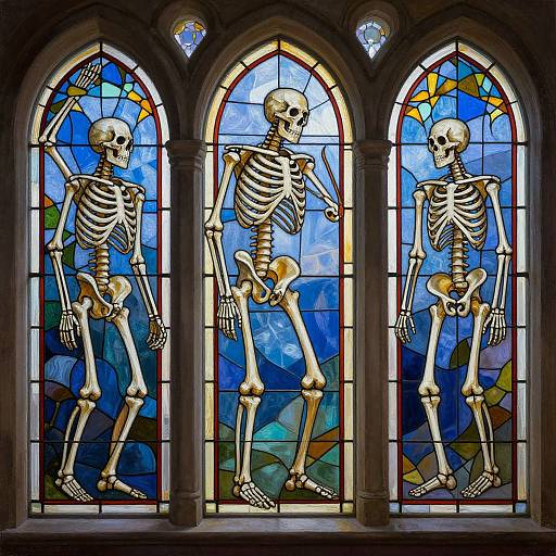 Photograph of three Gothic-style stained glass windows depicting skeletal figures standing in blue and yellow stained glass backgrounds.