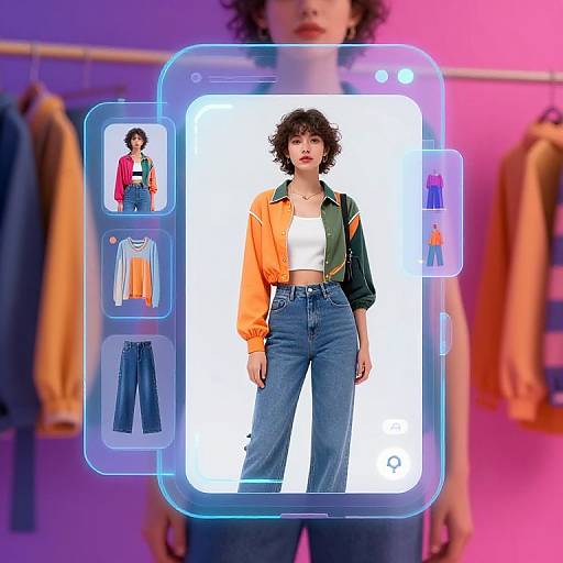Digital fashion interface: Curly-haired woman in white crop top, orange jacket, and high-waisted jeans, surrounded by clothing options and hanging clothes