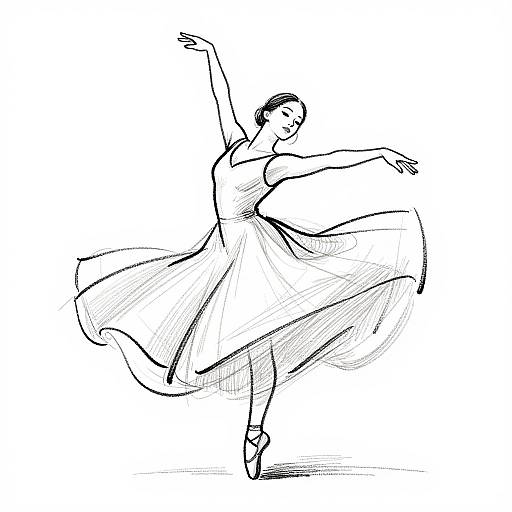 Black and white sketch of a ballerina in a flowing dress, mid-pirouette, one arm raised, the other extended, delicate lines