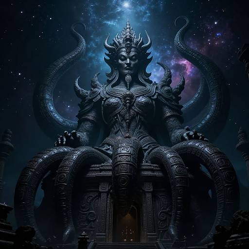 Digital artwork of a dark, ornate, multi-tentacled deity with a horned face, intricate armor, and cosmic background, exuding