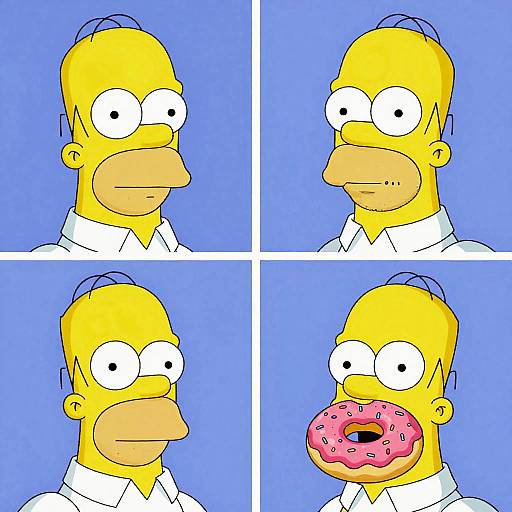 Cartoon comic of yellow-haired man with large eyes, blue background, white shirt. Four panels: neutral, surprised, confused, eating pink donut