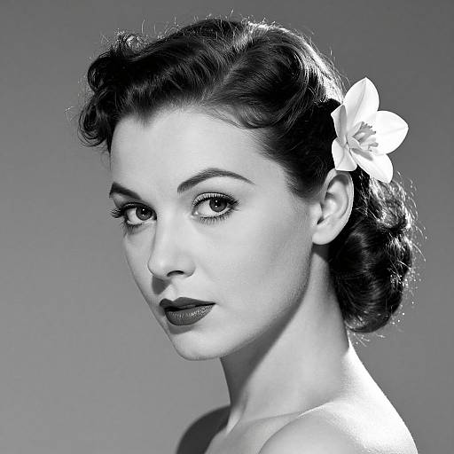 Black-and-white photograph of a 1950s-style woman with dark, wavy hair, a white flower in her hair, and dark lipstick,