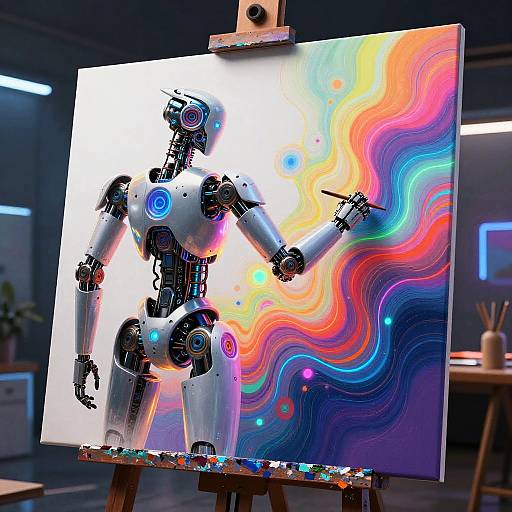 Futuristic Robotic Painter in Cyberpunk Studio