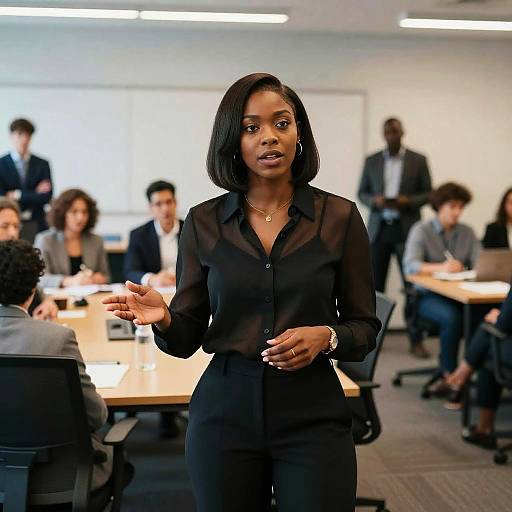 Photograph of a Black woman with a bob haircut, wearing a black sheer blouse and pants, standing in a modern office conference room, gesturing with