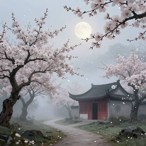 Digital painting of a serene, misty Asian village with a traditional wooden house, surrounded by blooming cherry trees, and a winding path. Soft pink