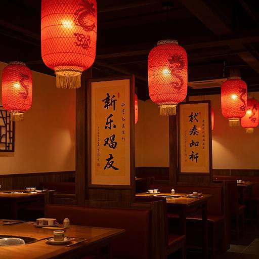 Photograph of a dimly lit Chinese restaurant with red lanterns hanging, wooden tables, and Chinese calligraphy on the walls. Warm, inviting atmosphere