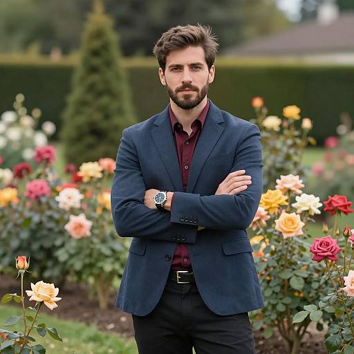 Stylish Man in Vibrant Garden Setting