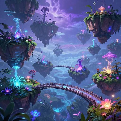 Digital fantasy artwork depicting floating islands with vibrant, glowing flora and a glowing arch bridge connecting them in a purple, ethereal sky.