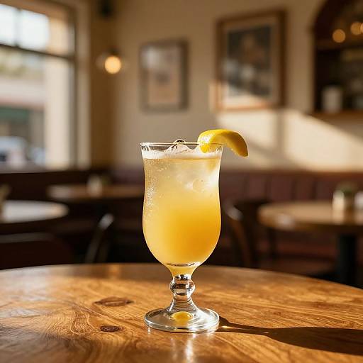 Photograph of a glass tiki drink with a lemon slice, on a sunlit wooden table in a cozy, warmly lit café.