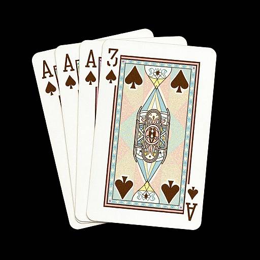 Digital illustration of four Aces of Spades, showing a detailed Ace of Spades card with intricate patterns, against a black background.