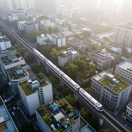 Aerial photograph of a modern urban cityscape featuring a white train traveling above a street lined with tall, rectangular buildings and green rooftops, bathed