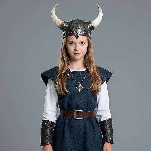 Girl in Viking Hero Costume with Horned Helmet