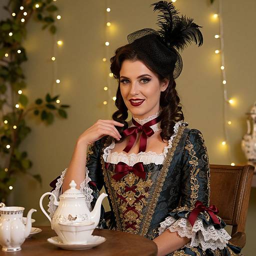 Victorian-style woman with dark curls, red lipstick, lace-trimmed corset, and black feathered hat, sips tea by candlelight