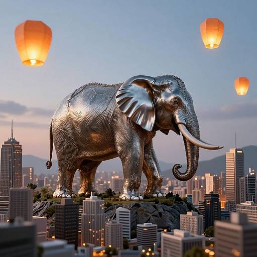 Photograph of a giant, silver, textured elephant standing on a rocky hill amidst a cityscape at dusk, with orange lanterns floating in the sky