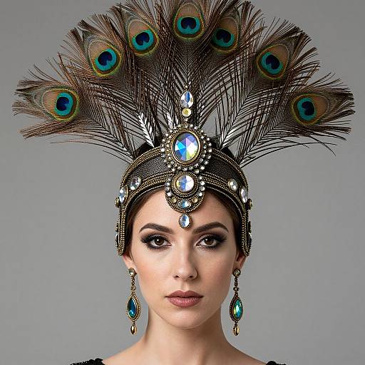 Photograph of a fair-skinned woman with dark brown hair, wearing an elaborate peacock-feathered headpiece adorned with jewels, blue gemstones