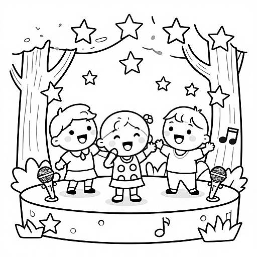 Black and white cartoon of four smiling children singing on stage with star decorations, holding microphones, surrounded by trees.