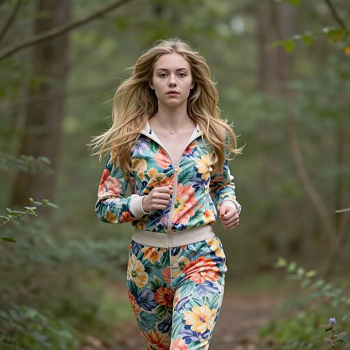 Young blonde woman with long hair, wearing colorful floral tracksuit, runs through a lush, green forest. Photograph, natural light, focused.