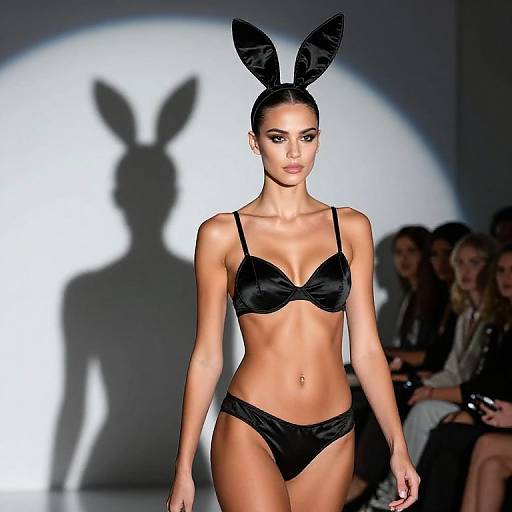 Photograph of a slender female model with tanned skin, wearing a black satin bra and panty set, and black bunny ears, walking on a