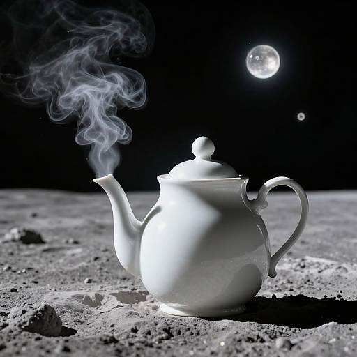 Photograph of a glowing white teapot with steam on a moonlit, rocky surface under a dark, starry night sky.