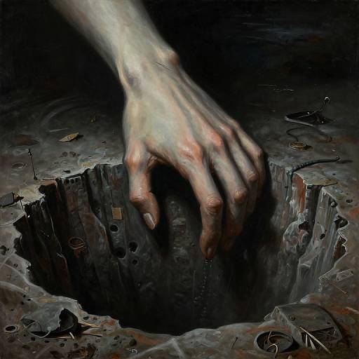 Digital art: Pale, ghostly hand with elongated fingers reaches out of a dark, jagged crater, surrounded by debris and shadows.