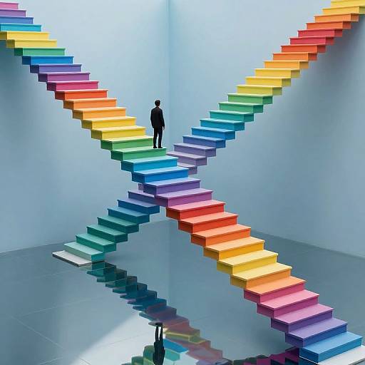 Photograph of a minimalist art installation featuring a person standing on a massive, rainbow-colored, X-shaped staircase in a bright, white-walled room.