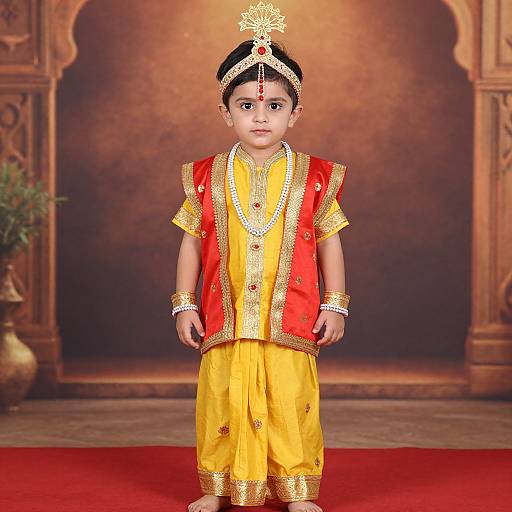 Photograph of an Indian child in vibrant yellow and red traditional attire, adorned with gold jewelry and a headpiece, standing on a red carpet in an