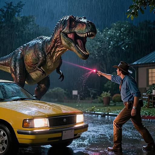 Fierce Dinosaur Encounter in the Rain
