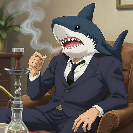Digital illustration of a humanoid shark in a dark blue suit, smoking from a hookah, seated in a brown leather armchair.