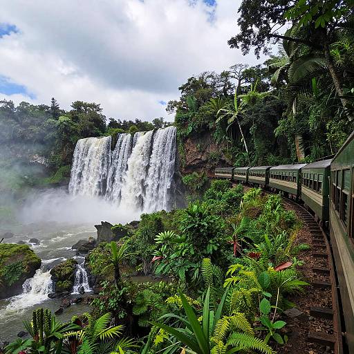 Photograph of a lush tropical waterfall with cascading white water, surrounded by dense green foliage and a winding wooden path.