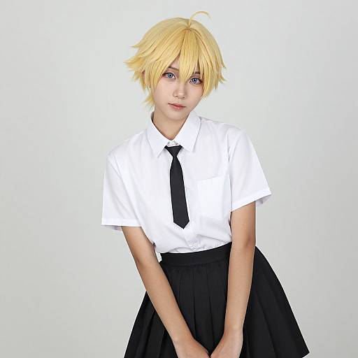 Digital art of a blonde-haired, blue-eyed anime-style girl wearing a white shirt, black tie, and black skirt, standing against a white background.