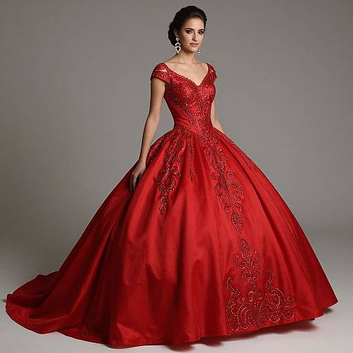 Photograph of a dark-haired woman in an elaborate, red, off-shoulder, ball gown with intricate embroidery, standing against a gray background.