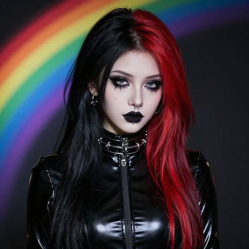 Photograph of pale-skinned woman with black and red half-dyed hair, black gothic makeup, black latex jacket, rainbow background.