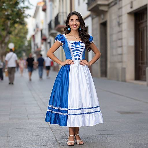 Photograph of a smiling young woman with long dark hair, wearing a blue and white striped dress with lace-up front, standing on a bustling urban street