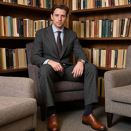 Photograph of a handsome, fair-skinned man with dark brown hair, wearing a dark gray pinstripe suit, white shirt, and brown shoes