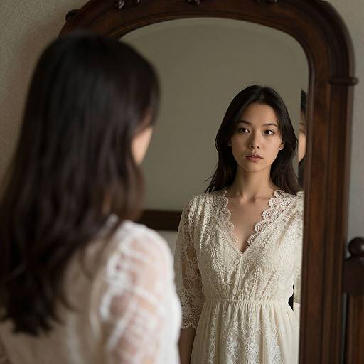 Photograph of an Asian woman with long black hair, wearing a white lace dress, standing in front of a full-length mirror, reflecting her serious expression