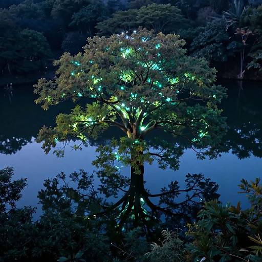 Photograph of a tree illuminated with green and blue lights, reflected in a calm, dark blue lake at night, surrounded by dense, shadowy forest