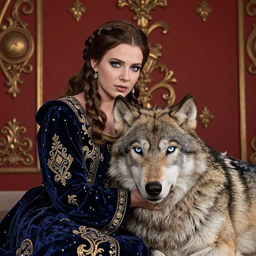 Digital artwork of a brunette woman with braided hair, wearing an ornate black velvet dress, sitting beside a realistic, blue-eyed wolf against a red