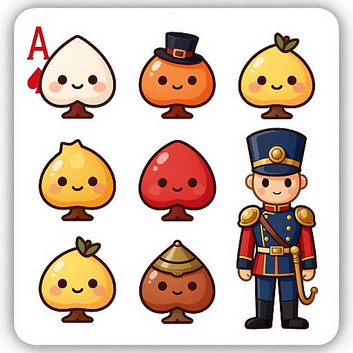 Colorful cartoon image of 9 fruit characters with smiling faces, including a peach, orange, lemon, and a soldier, on a white background.