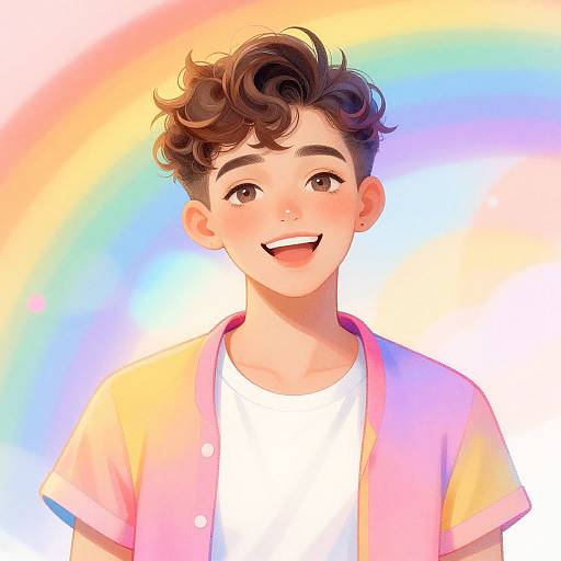 Digital anime-style portrait of a smiling young boy with curly brown hair, wearing a pink, yellow, and white shirt, against a vibrant rainbow background.