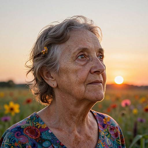 Photograph of an elderly woman with short gray hair, wearing a colorful floral blouse, looking thoughtfully at a sunset over a field of vibrant flowers.