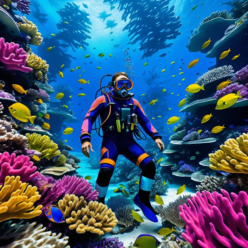 Surreal Diver Merging with Coral Reef