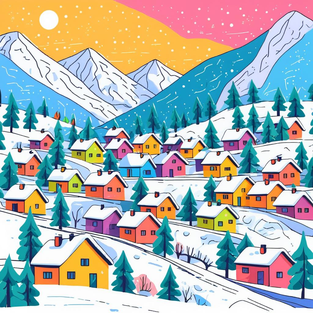 Whimsical Crayon Drawing of a Snowy Village