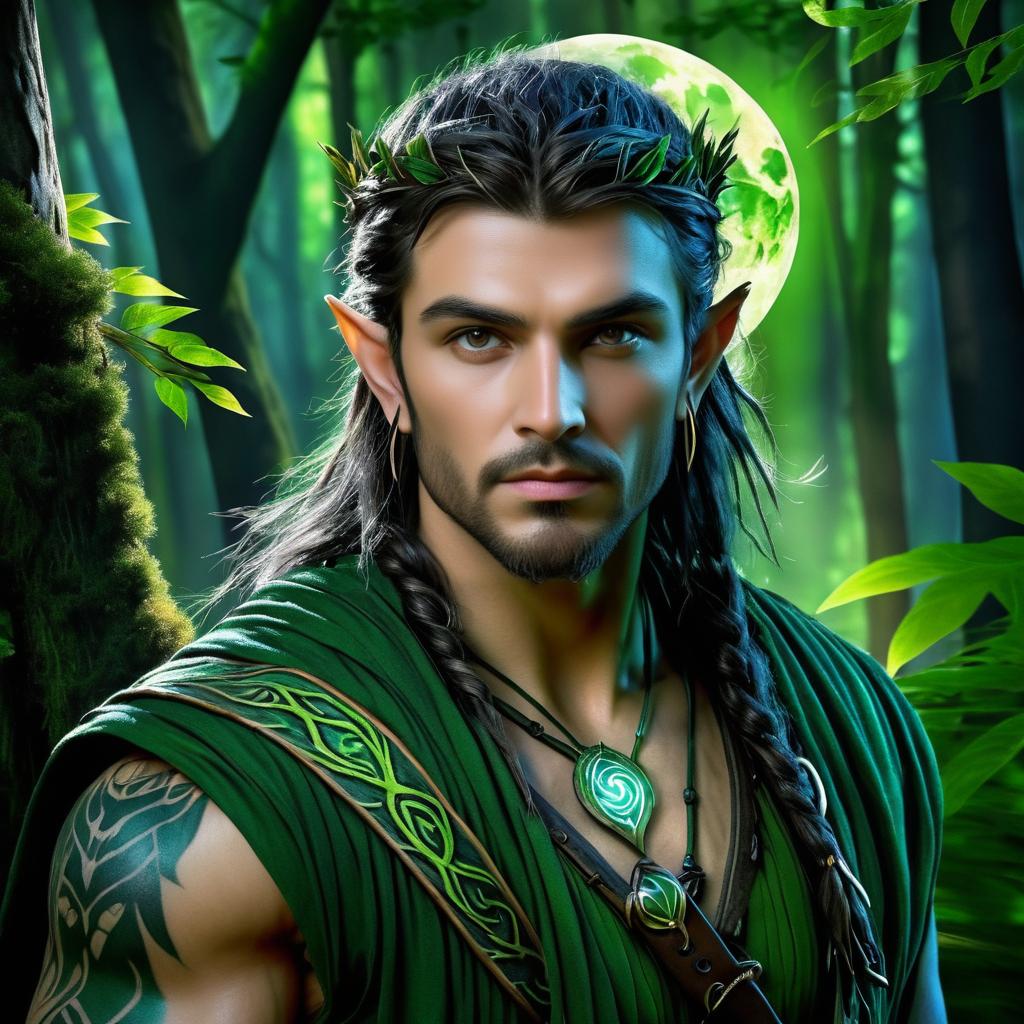 Mystical Half-Elf Druid in Enchanted Forest