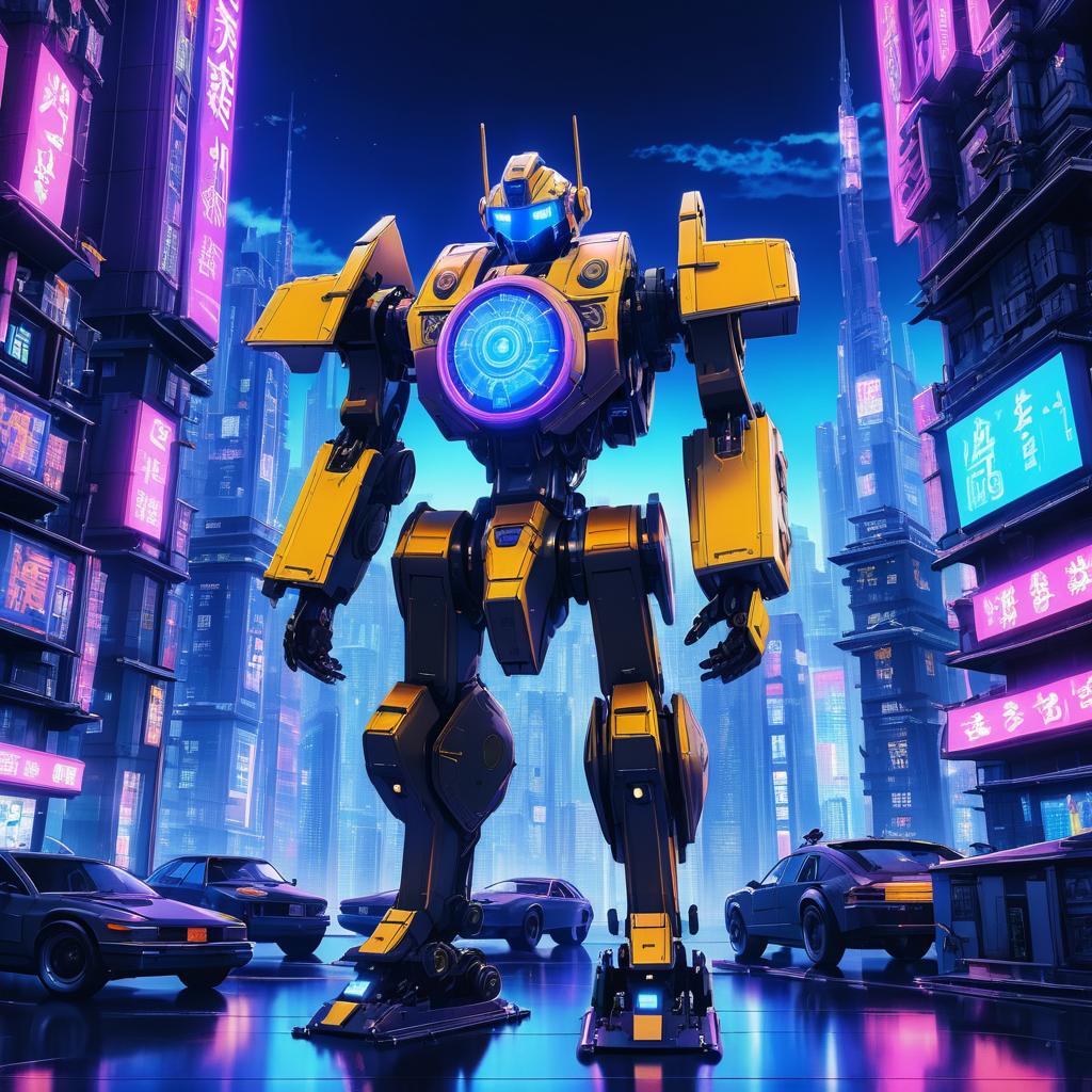 Robotic Sentinel in Neon Cyber City