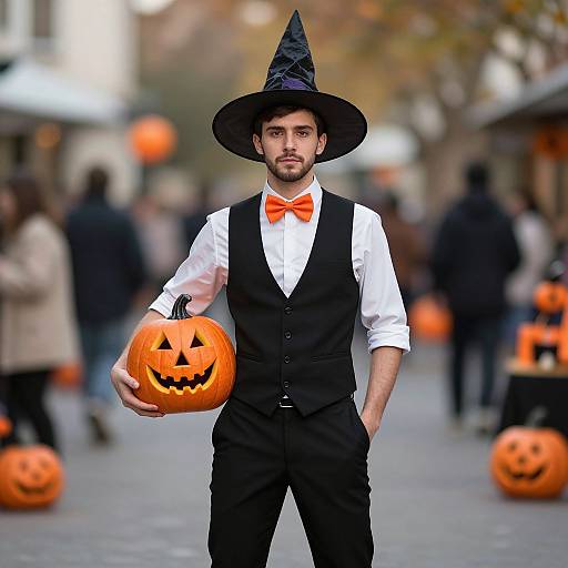 Photograph of a bearded man in a black witch hat, white shirt, black vest, orange bow tie, holding a carved pumpkin. Blurred