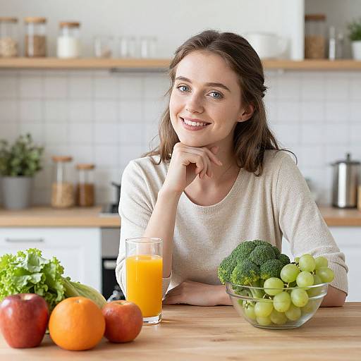 Photograph of a smiling young woman in a white sweater, sitting in a bright kitchen with fruit and orange juice on a wooden table.