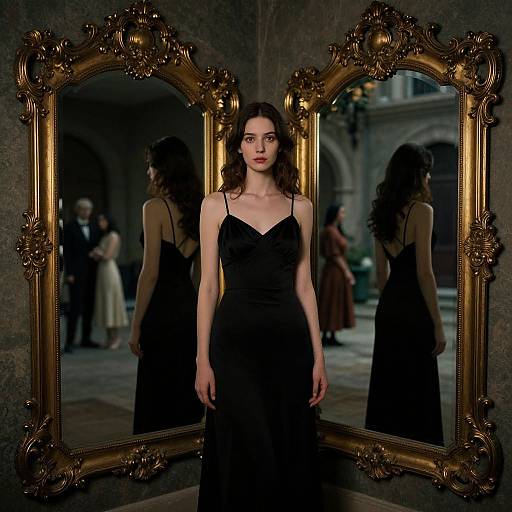 Photograph of a pale-skinned woman with long brown hair, wearing a black, sleeveless dress, standing in front of an ornate gold-fr