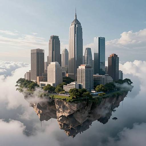 Photorealistic CGI of a futuristic cityscape floating on a rocky island surrounded by clouds, featuring tall skyscrapers and lush greenery.