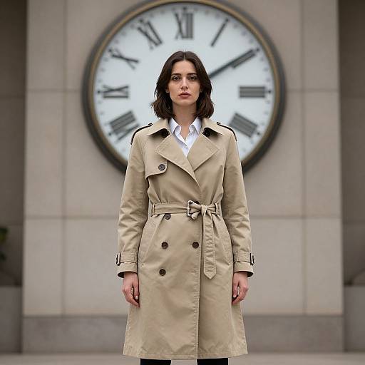 Photograph of a serious-looking woman with shoulder-length dark hair, wearing a beige trench coat, standing in front of a large clock on a grey building